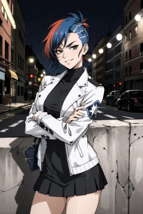 masterpiece, (sharp focus), a woman with colored hair, rockstar haircut, wearing a cool white jacket, miniskirt, leaning against a wall, bright black eyes, confident smirk, arms crossed, night time, street lights, gritty atmosphere, high quality, dynamic lighting, 8k, uhd