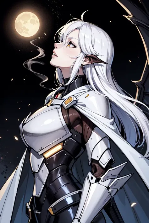 ((best quality)), ((masterpiece)), (detailed), absurdres, portrait of a alien female, long hair, white hair, pale skin, colored sclera, white sclera, bright eyes, (white eyes), moon eyes, black eyelashes, red mascara, sharp fingers, corrupted, (science fiction), armored wings, mechanical wings, white wings, long cape, torn cape, power armor, armored suit, breastplate, armored legwear, glowing particles, black particles, white particles, black aura, smoke around body, from side, looking up, evil look, fallen demon, solo,