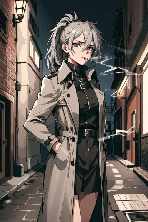 masterpiece, high quality, sharp focus, a 25yo detective woman, gray hair in a ponytail, wearing a trench coat, smoking a cigarette, bright brown eyes, gritty, (night time), dirty dark alley, cold atmosphere, 8k, uhd, absurdres