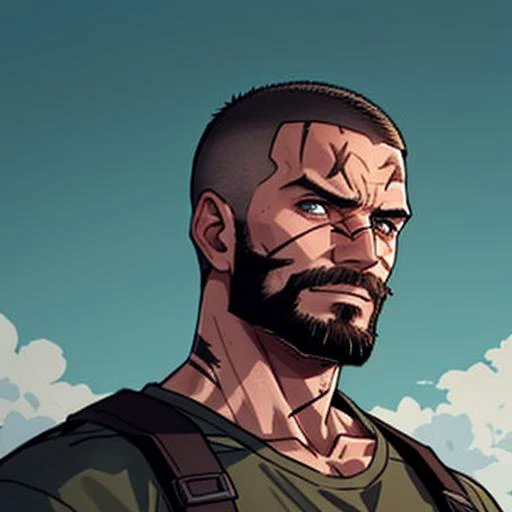 a man, grizzled and war-hardened, bored look. looking off into the distance, tough, scars, buzz cut