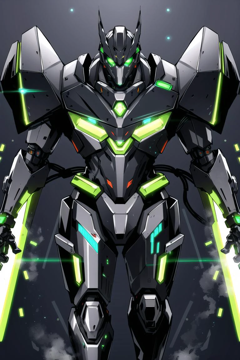 masterpiece, high quality, sharp focus, a robotic cyborg, chrome futuristic armor, many wires and circuits, menacing pose, glowing green eyes, gas mask, futuristic colorful neon fittings, night time, dim lighting, plain background, cold atmosphere, 8k, uhd, absurdres