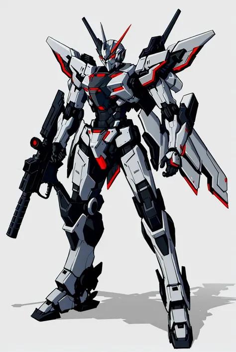 a gray robot that is standing up with a gun in its hand and a gun in its other hand, mecha, concept art, sots art, welded plate coving damage, jet pack, blade wings