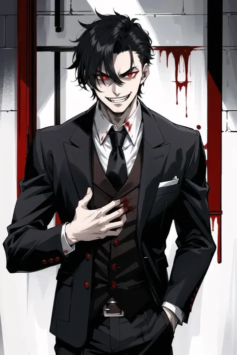 masterpiece, high quality, sharp focus, a 24yo vampire zombie man, black hair, pale skin, wearing a suit and tie, glowing red eyes, fangs showing, covered in blood, nasty grin, night time, cold lighting, dark alley scene, cold atmosphere, 8k, uhd, absurdres