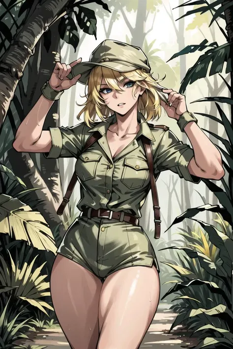 masterpiece, high quality, sharp focus, a slim 23yo adventurer woman, blonde hair, explorer outfit, wearing an explorer hat, nice thighs, walking through a jungle, perfect face, perfect jawline, textured skin, anxious look, dim lighting, jungle scene, damp and humid atmosphere, many plants and trees, 8k, uhd, absurdres