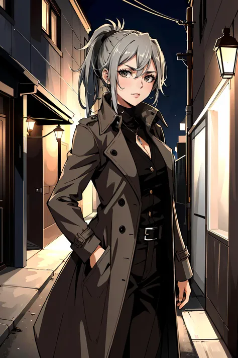 masterpiece, high quality, sharp focus, a 25yo detective woman, gray hair in a ponytail, wearing a trench coat, bright brown eyes, gritty, (night time), dirty dark alley, cold atmosphere, 8k, uhd, absurdres