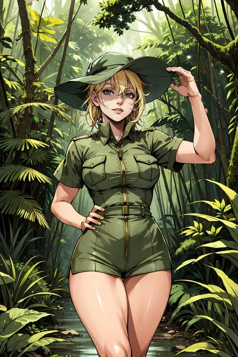 masterpiece, high quality, sharp focus, a slim 23yo adventurer woman, blonde hair, explorer outfit, wearing an explorer hat, nice thighs, walking through a jungle, perfect face, perfect jawline, textured skin, anxious look, dim lighting, jungle scene, damp and humid atmosphere, many plants and trees, 8k, uhd, absurdres <lora:sxzVoyageStyle_sxzVoyage:0.15>