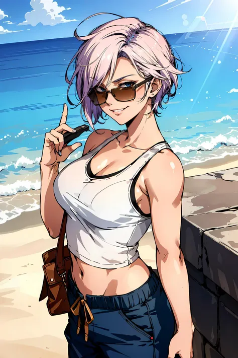 masterpiece, (sharp focus), a woman with colored hair, cool haircut, wearing sunglasses, tank top, baggy pants, front view, confident smirk, sunbeams, pastel gradient, warm atmosphere, high quality, dynamic lighting, 8k, uhd