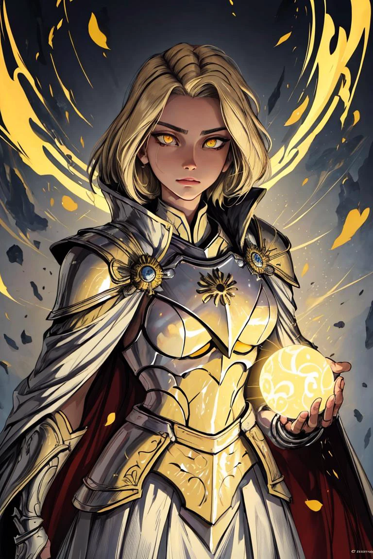 (masterpiece, best quality), intricate details, 8k, artstation, wallpaper, official art, splash art, sharp focus, blonde sun sorceress Rach999:0.5 lineart, holding an orb of light in her hand, glowing yellow eyes, short hair middle part, white skirt, steel (paladin breastplate), (yellow cape), sun|light|mage uniform, thin and feminine figure, naked arms,
<lora:sam111:0.7>
<lora:void111:0.3>
<lora:Detail111:0.7>