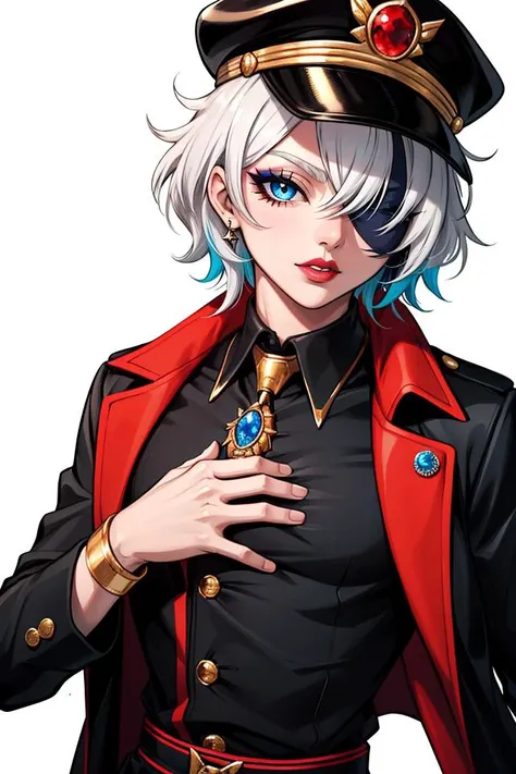 ((best quality)), ((masterpiece)), (detailed), absurdres, portrait, (femboy), short hair, swept bangs, parted bangs, sidelocks, multicolored hair, [white hair: red hair: 0.5], (tsurime), blue eyes, one eye covered, eyelashes, red eyeshadow, makeup, black lips, black peaked cap, open jacket, lapels, black jacket, buttons, gold trim, collared shirt, black shirt, long sleeves, sleeve cuffs, chest jewel, red gemstone, red gloves, sash, black pants, looking at viewer, solo, solo focus,