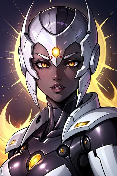 ((best quality)), ((masterpiece)), (detailed), absurdres, portrait, (female robot), (dark skin), shiny skin, small breasts, abs, (robotic face:1.2), shiny face, glowing eyes, white eyes, parted lips, shiny lips, purple suit, gold armor, looking at viewer, seductive, solo, solo focus, (villain:1.2), dark, horror,