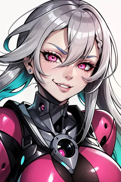 ((best quality)), ((masterpiece)), (detailed), absurdres, portrait, female, (robotic face:1.2), (chrome face:1.1), (chrome body), (silver chrome), (robotic breasts:1.1), (robotic hair:1.1), dyed hair, green hair, double sidelocks, pointy hair, pink eyes, glowing eyes, punk, gold collar, streetwear clothes, bodystocking, looking at viewer, half-closed eyes, (naughty face), (seductive smile), teasing, solo, solo focus,