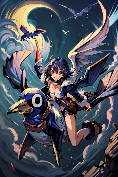 (masterpiece, best quality, highres, absurdres, ultra-detailed:1.2), ((1girl, solo, Asagi, short black hair, black eyes, AsGear, hairclip. fur-trimmed coat, thighhighs, black shorts, belt, fingerless gloves, cleavage, white fur collar, jumping through the air, high above, joy)), <lora:Asagi-10:0.45> <lora:riding_a:0.7> (Asagi riding on a penguin, prinny:1.4) (by Prinny-10:1.3) <lora:Prinny-10:0.75>, <lora:add_detail_v1:0.9> <lora:LowRA:0.4>