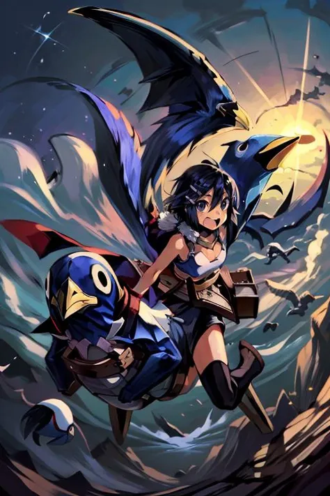 (masterpiece, best quality, highres, absurdres, ultra-detailed:1.2), ((1girl, solo, Asagi, short black hair, black eyes, AsGear, hairclip. fur-trimmed coat, thighhighs, black shorts, belt, fingerless gloves, cleavage, white fur collar, jumping through the air, joy)), <lora:Asagi-10:0.45> <lora:riding_a:0.7> (Asagi riding on a penguin, prinny:1.4) (by Prinny-10:1.3) <lora:Prinny-10:0.75>, <lora:add_detail_v1:0.85> <lora:LowRA:0.4>