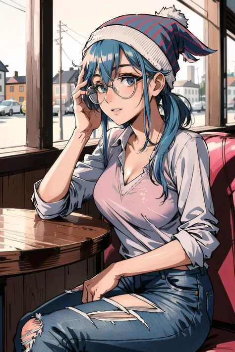 masterpiece, high quality, sharp focus, a 25yo swedish woman, blue hair, wearing a beanie and glasses, wearing a pink blouse and ripped jeans, casual look, bright brown eyes, sitting at a table, restaurant scene,  cool atmosphere, 8k, uhd, absurdres