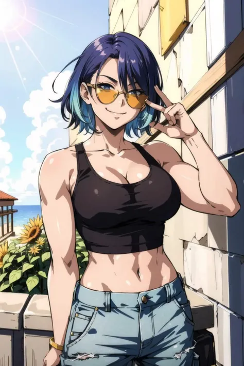 masterpiece, (sharp focus), a woman with colored hair, cool haircut, wearing sunglasses, tank top, baggy pants, front view, confident smirk, sunbeams, pastel gradient, warm atmosphere, high quality, dynamic lighting, 8k, uhd