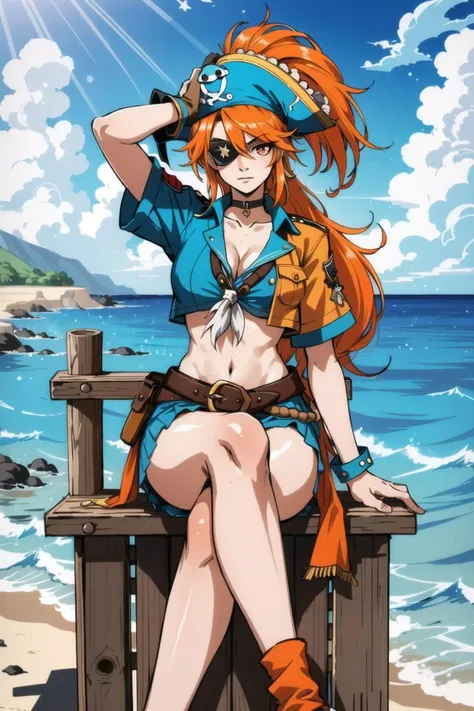 masterpiece, high quality, a 24yo pirate woman, wearing a hat and an eyepatch, colorful hair with seashells, legs crossed, bright orange eyes, cool pirate outfit, perfect jawline, textured skin, freckles, bored look, sunbeams, seawater, ocean, bright atmosphere, 8k, uhd, absurdres