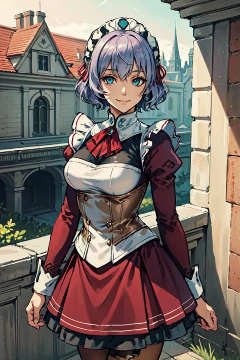 <lora:SharonMaid-08:0.85>, (masterpiece, best quality), smile, realistic background, facing viewer, (looking at viewer), standing, solo, closed mouth, Sharon Kreuger, light lavender hair, short hair, aqua eyes, medium breasts, maid headdress, burgundy maid outfit, long skirt, frills, ((cowboy shot)), abandoned mansion, mansion,