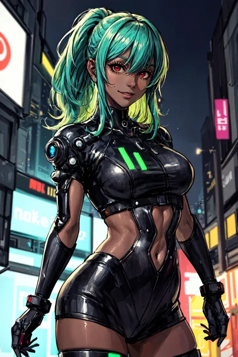 aishaclanclan, (masterpiece:1.2, best quality:1.2), absurdres:1.2, depth of field:1.3, perfect lighting, cinematic shadows, jewelry, (crazy eyes), (eyeliner), 1girl, solo, looking at viewer, bangs, smile, closed mouth, (((((dark skin))))), realistic background, <lora:more_details:0.45>, ((cowboy shot)), ((realistic background, cyberpunk, city)), green hair, neon lights, stores, red eyes,