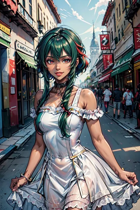 (masterpiece:1.2, best quality:1.2), princess dress, <lora:n15g_aio_clothing-1.0:0.8>, <lora:more_details:0.45>, (((smile))), ((happy)), closed mouth, ((((dark skin)))), 1girl, red eyes, slave collar, ((green hair:1.1)), (blue hair), (two-toned hair), short hair, ((((frontlocks)))), (short hair with long locks:1.2), looking at viewer, outdoors, sunset, red lipstick, <lora:FrontLocks_v004-08:0.55>, flat chest, ribbon, cowboy shot, ((wild colors, abstract)),