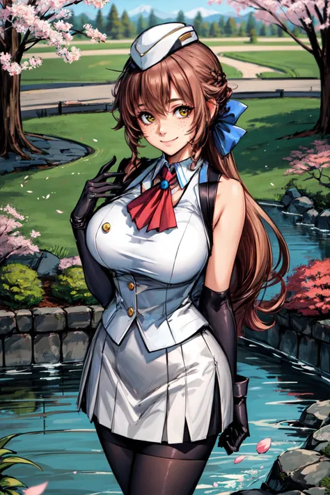 (masterpiece:1.2, best quality:1.2), <lora:more_details:0.45>, (smile), ((closed mouth)), 1girl, slave collar, looking at viewer, ribbon, o-ring, cute, (((gigantic breasts))), light makeup, freckles , <lora:hairdetailer:1:lbw=HairSlider>, hands behind back, sleeveless, bare arms, (standing), (((japan, garden, river, outdoors))), cherry blossom tree, <lora:towa-nv-v1:0.75> , towa herschel, hat, blue ascot, hair bow, white skirt, black gloves, black stockings,