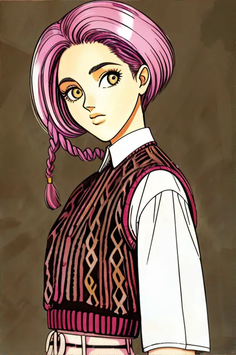 <lora:clampstyle:0.8>, 1girl, 1990s (style), retro artstyle, wearing buttonup collared shirt and oversized patterned sweater vest, 1990s style short twist locs || <lora:clampstyle:0.2>, retro artstyle, masterpiece, 8k, high resolution, shallow depth of field, sharp focus