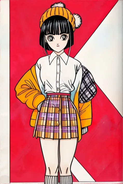 <lora:clampstyle:0.8>, 1girl, 1990s (style), retro artstyle, wearing wearing 90s fashion: button-up shirt, matching plaid blazer and mini skirt coord set, cotton knee-high socks, loafers,, 1990s style shaggy haircut with sideswept bangs wearing a beanie || <lora:clampstyle:0.2>, retro artstyle, masterpiece, 8k, high resolution, shallow depth of field, sharp focus
