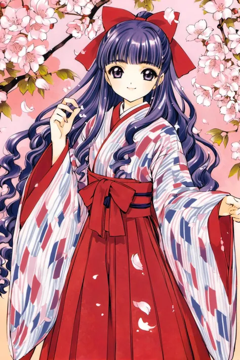 1girl,solo,cherry blossoms,meiji schoolgirl uniform,hakama,long hair,japanese clothes,skirt,hakama skirt,1990s (style),purple hair,petals,yagasuri,purple eyes,bangs,hair bow,retro artstyle,bow,daidouji tomoyo,smile,kimono,long sleeves,red hakama,red bow,wavy hair,wide sleeves,looking at viewer,blunt bangs,flower,traditional media,cowboy shot,<lora:Card Captor Sakura_XL:0.8>,