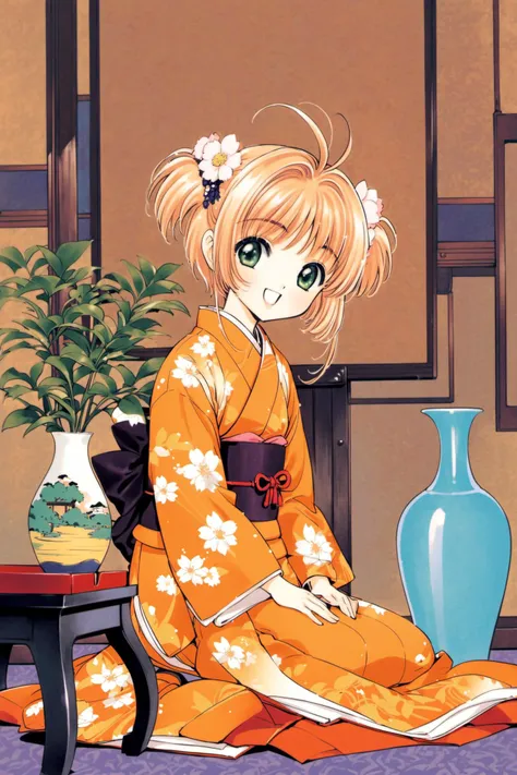 kinomoto sakura,1girl,japanese clothes,seiza,kimono,brown hair,floral print,flower,vase,long sleeves,obi,green eyes,sitting,sash,1990s (style),indoors,bangs,antenna hair,short hair,smile,looking at viewer,retro artstyle,hair intakes,open mouth,potted plant,print kimono,plant,hair ornament,wide sleeves,full body,solo,head tilt,:d,orange kimono,two side up,zabuton,ribbon,picture frame,<lora:Card Captor Sakura_XL:0.8>,