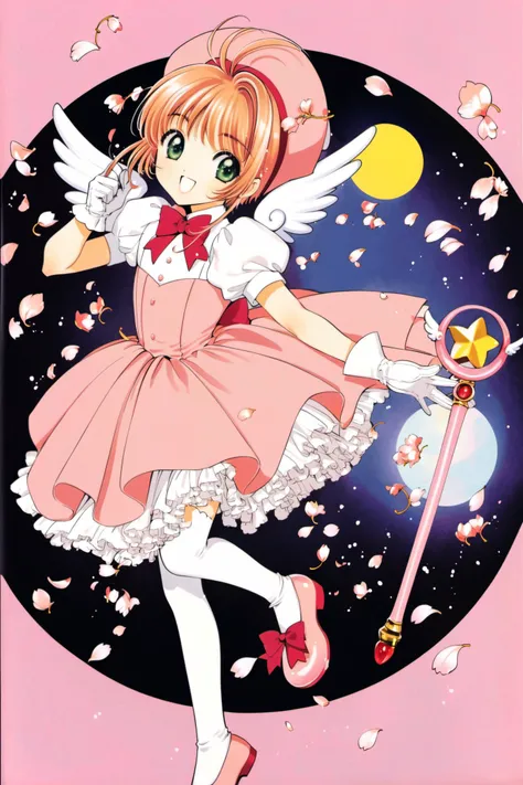1girl,kinomoto sakura,dress,pink headwear,hat,holding,gloves,open mouth,smile,green eyes,brown hair,short sleeves,magical girl,petals,fuuin no tsue,solo,white gloves,pink dress,short hair,bow,wings,white background,puffy sleeves,looking at viewer,puffy short sleeves,:d,frills,frilled dress,wand,simple background,1990s (style),bangs,pink footwear,thighhighs,antenna hair,pink bow,retro artstyle,petticoat,cherry blossoms,shoes,white wings,holding wand,leg up,<lora:Card Captor Sakura_XL:0.8>,