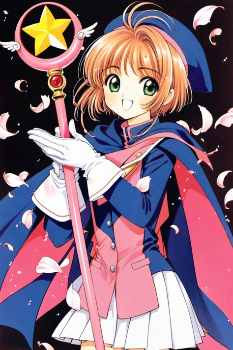 1girl,kinomoto sakura,1990s (style),solo,white skirt,green eyes,white gloves,smile,star (symbol),open mouth,gloves,retro artstyle,holding,blue headwear,brown hair,petals,short hair,:d,skirt,hat,cowboy shot,white background,long sleeves,looking at viewer,magical girl,antenna hair,pleated skirt,bangs,wand,simple background,holding wand,jacket,blue jacket,cape,standing,blue cape,<lora:Card Captor Sakura_XL:0.8>,