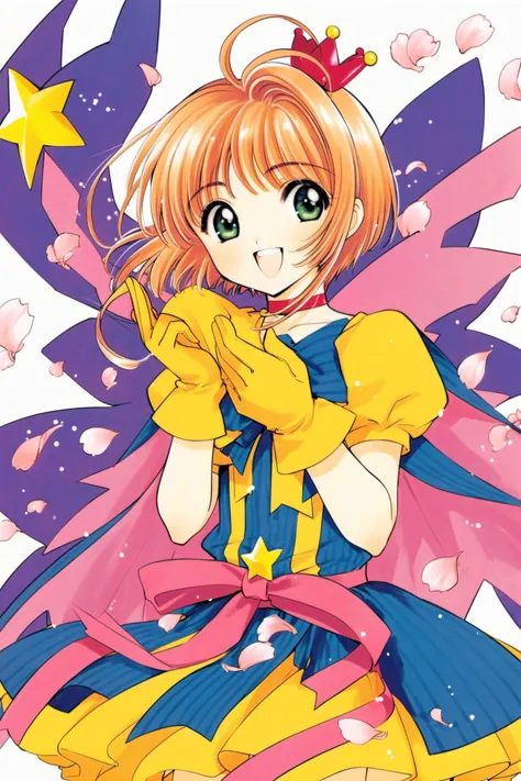 1girl,kinomoto sakura,mini crown,dress,solo,gloves,1990s (style),green eyes,retro artstyle,brown hair,smile,open mouth,short hair,choker,puffy sleeves,petals,white background,striped,magical girl,antenna hair,looking at viewer,yellow gloves,short sleeves,:d,puffy short sleeves,yellow dress,simple background,bangs,vertical stripes,ribbon,bow,cape,star (symbol),cowboy shot,white dress,<lora:Card Captor Sakura_XL:0.8>,