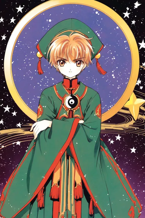 Li Syaoran,1990s (style),star (symbol),retro artstyle,hat,1boy,long sleeves,looking at viewer,male child,solo,wide sleeves,male focus,brown hair,green headwear,standing,brown eyes,yin yang,bangs,short hair,sword,closed mouth,starry background,tassel,star (sky),weapon,hands in opposite sleeves,cowboy shot,sky,crossed arms,<lora:Card Captor Sakura_XL:0.8>,