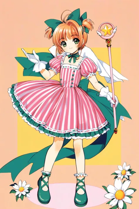 1girl,kinomoto sakura,dress,1990s (style),full body,solo,holding,retro artstyle,puffy sleeves,short sleeves,gloves,white gloves,puffy short sleeves,antenna hair,striped,short hair,smile,wand,ribbon trim,standing,flower,holding wand,green eyes,shoes,two side up,looking at viewer,bow,green footwear,choker,brown hair,ribbon,bangs,green dress,green bow,closed mouth,magical girl,green choker,yellow background,short twintails,vertical stripes,green ribbon,frills,ribbon choker,hair ornament,striped dress,white flower,vertical-striped dress,socks,twintails,hair bow,white dress,star (symbol),ribbon-trimmed sleeves,<lora:Card Captor Sakura_XL:0.8>,