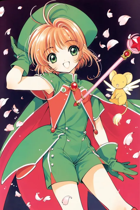 1girl, kinomoto sakura, 1990s (style), green eyes, hat, retro artstyle, gloves, smile, brown hair, fuuin no tsue, short hair, cowboy shot, magical girl, open mouth, holding, green gloves, shorts, :d, wand, green shorts, solo, green headwear, white background, antenna hair, holding wand, wings, bangs, kero, cape, looking at viewer, hand on headwear, arm up, sleeveless, petals, simple background,<lora:Card Captor Sakura_XL:0.8>,