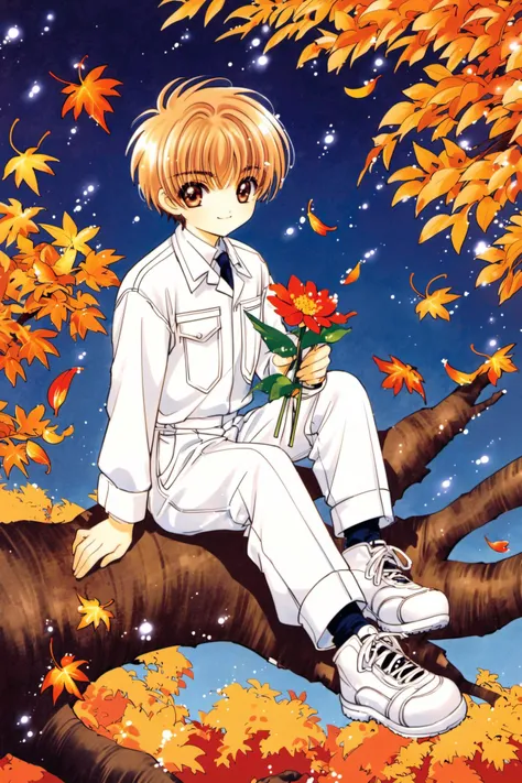 Li Syaoran,solo,pocket,in tree,breast pocket,male focus,pants,1boy,sitting,long sleeves,tree,holding,shirt,sitting in tree,white footwear,white pants,branch,white shirt,closed mouth,collared shirt,full body,bangs,brown eyes,outdoors,leaf,flower,1990s (style),retro artstyle,shoes,autumn leaves,holding flower,brown hair,looking at viewer,short hair,autumn,blonde hair,light particles,smile,<lora:Card Captor Sakura_XL:0.8>,