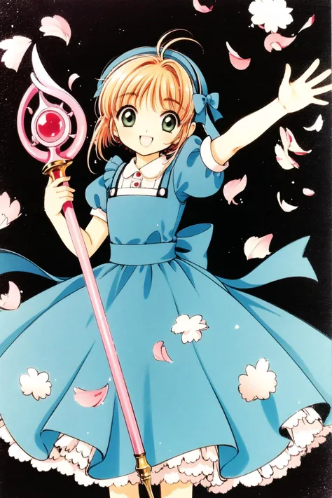 1girl, kinomoto sakura, dress, 1990s (style), puffy sleeves, blue dress, green eyes, retro artstyle, solo, open mouth, short sleeves, holding, bow, puffy short sleeves, brown hair, smile, fuuin no tsue, short hair, apron, looking at viewer, :d, frills, blue bow, petals, antenna hair, hair bow, bangs, white bow, white background, petticoat, hairband, white apron, frilled dress, wand, simple background, magical girl, frilled apron, cowboy shot, blue hairband, female , holding wand, traditional media, outstretched arm, <lora:Card Captor Sakura_v2:0.8>