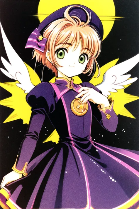 1girl, kinomoto sakura, 1990s (style), solo, dress, green eyes, retro artstyle, hat, star (symbol), long sleeves, puffy sleeves, short hair, brown hair, wings, smile, looking at viewer, sun symbol, black dress, crescent, purple dress, closed mouth, bangs, antenna hair, juliet sleeves, jewelry, cowboy shot,  <lora:Card Captor Sakura:0.8>