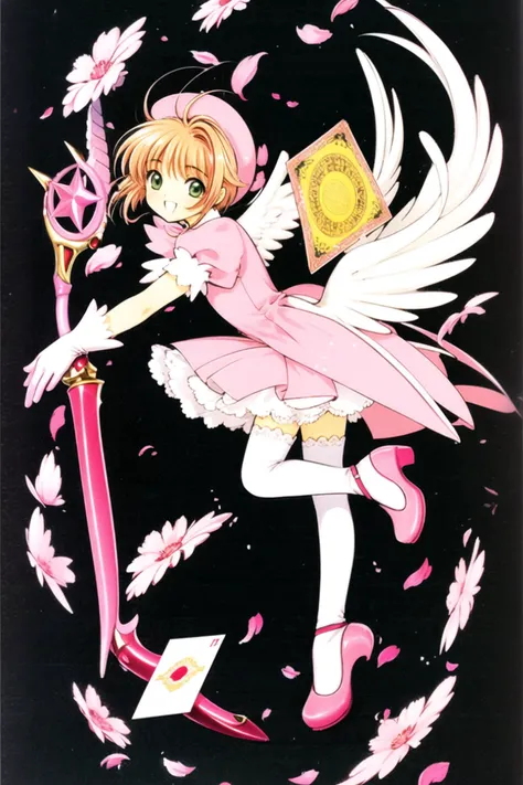 1girl, kinomoto sakura, dress, pink headwear, hat, holding, gloves, open mouth, smile, green eyes, brown hair, short sleeves, magical girl, card, white gloves, fuuin no tsue, petals, solo, pink dress, short hair, white background, bow, wings, puffy sleeves, looking at viewer, puffy short sleeves, :d, holding card, frills, 1990s (style), simple background, frilled dress, bangs, wand, pink footwear, thighhighs, antenna hair, retro artstyle, pink bow, petticoat, cherry blossoms, shoes, white wings, holding wand, leg up,  <lora:Card Captor Sakura:0.8>