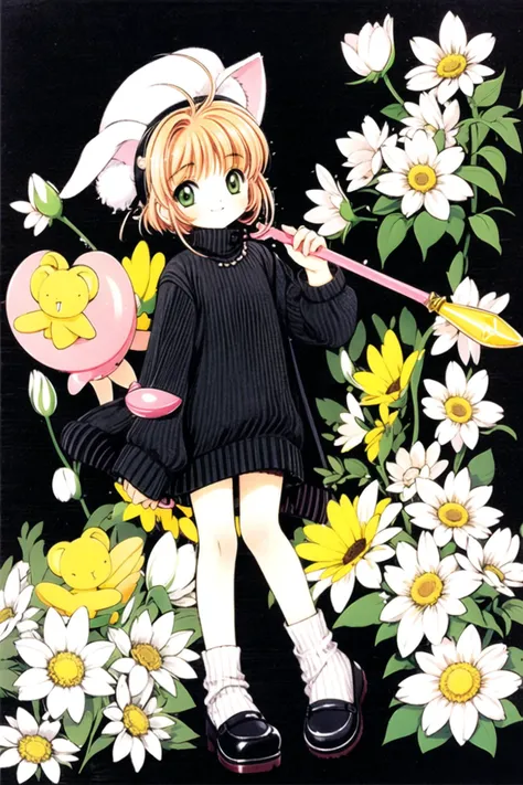 1girl, kinomoto sakura, green eyes, kero, skirt, short hair, holding, flower, black skirt, brown hair, sweater, full body, long sleeves, smile, turtleneck, shoes, finger to mouth, holding wand, wand, black footwear, looking at viewer, white background, bangs, antenna hair, animal ears, socks, fake animal ears, yellow flower, hat, 1990s (style), bow, turtleneck sweater, closed mouth, fuuin no tsue, index finger raised, retro artstyle, ribbed sweater, striped, simple background, ribbon, rabbit ears, magical girl, traditional media,  <lora:Card Captor Sakura:0.8>