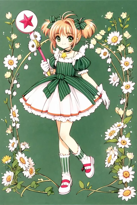 1girl, kinomoto sakura, dress, 1990s (style), full body, solo, holding, retro artstyle, puffy sleeves, gloves, short sleeves, white gloves, puffy short sleeves, striped, short hair, flower, ribbon trim, antenna hair, smile, wand, two side up, shoes, holding wand, standing, green eyes, looking at viewer, green footwear, ribbon, choker, bow, brown hair, green dress, bangs, closed mouth, magical girl, green bow, short twintails, yellow background, hair ornament, green ribbon, frills, vertical stripes, green choker, socks, white flower, striped dress, vertical-striped dress, ribbon choker, twintails, white dress, ribbon-trimmed sleeves, hair bow, star (symbol),  <lora:Card Captor Sakura:0.8>