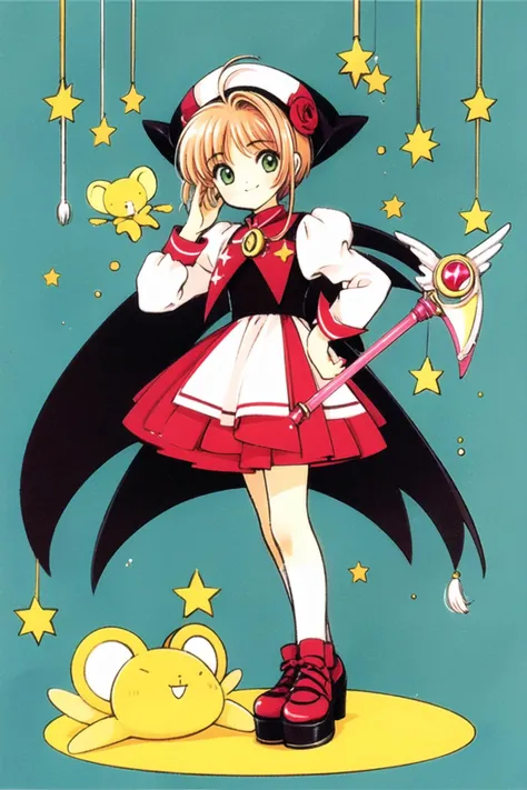1girl, kinomoto sakura, white background, hat, simple background, holding, long sleeves, green eyes, full body, standing, brown hair, smile, antenna hair, holding wand, kero, looking at viewer, hand on hip, short hair, wand, white headwear, closed mouth, magical girl, bangs, puffy sleeves, star (symbol), 1990s (style), wings, retro artstyle, hand up, fuuin no tsue, female , <lora:Card Captor Sakura:0.8>