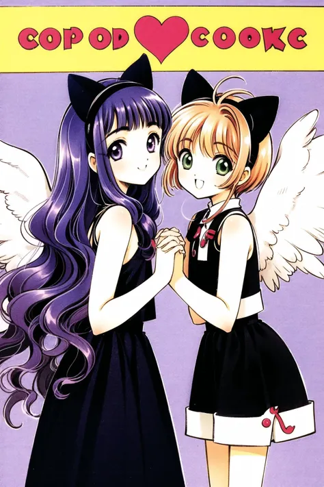 daidouji tomoyo, multiple girls, animal ears, 2girls, kinomoto sakura, bangs, long hair, cat ears, smile, blunt bangs, wavy hair, looking at viewer, 1990s (style), dress, wings, hairband, heart, short hair, green eyes, holding hands, black dress, sleeveless, open mouth, retro artstyle, brown hair, antenna hair, fake animal ears, shorts, purple eyes, copyright name, leaning forward, :d, short dress, from side, purple hair, bare shoulders, bare arms, standing, white wings, sleeveless dress, white background, black shorts, interlocked fingers, cowboy shot, blush, closed mouth, short shorts, english text, crop top, <lora:Card Captor Sakura_v2:0.8>