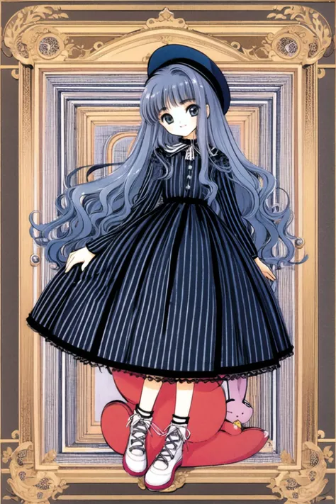 1girl, daidouji tomoyo, long hair, solo, hat, sitting, bangs, dress, retro artstyle, stuffed toy, wavy hair, stuffed animal, long sleeves, blunt bangs, 1990s (style), blue hair, striped, looking at viewer, striped dress, border, vertical stripes, black headwear, smile, full body, black dress, vertical-striped dress, closed mouth, <lora:Card Captor Sakura:0.8>