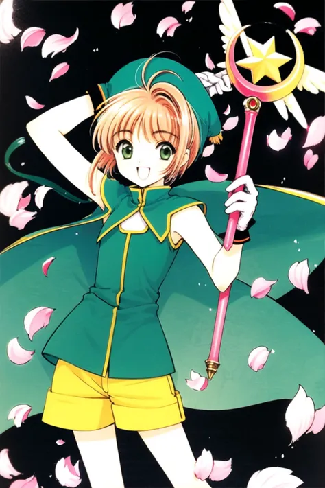 1girl, kinomoto sakura, 1990s (style), green eyes, hat, retro artstyle, gloves, smile, brown hair, fuuin no tsue, short hair, cowboy shot, open mouth, magical girl, holding, green gloves, shorts, :d, wand, green shorts, solo, antenna hair, green headwear, white background, wings, holding wand, bangs, cape, kero, looking at viewer, hand on headwear, arm up, sleeveless, petals, simple background,  <lora:Card Captor Sakura:0.8>