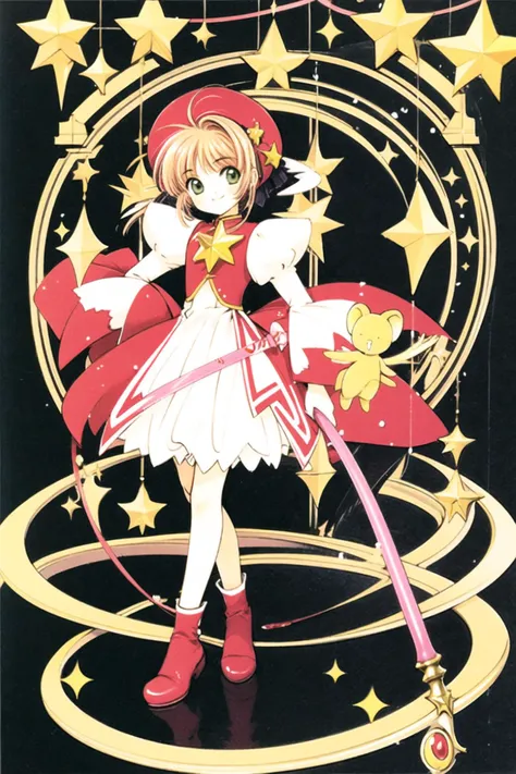 1girl, kinomoto sakura, white background, hat, simple background, holding, long sleeves, green eyes, full body, standing, brown hair, smile, antenna hair, holding wand, kero, looking at viewer, hand on hip, short hair, wand, white headwear, closed mouth, magical girl, bangs, puffy sleeves, star (symbol), 1990s (style), wings, retro artstyle, hand up, fuuin no tsue, <lora:Card Captor Sakura:0.8>