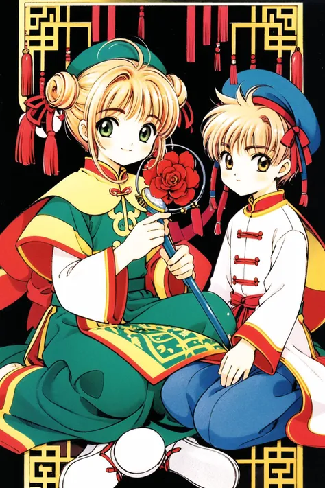1girl, kinomoto sakura, double bun, 1boy, Li Syaoran, brown hair, 1990s (style), holding, antenna hair, chinese clothes, long sleeves, hair bun, smile, flower, retro artstyle, brown eyes, sitting, bangs, short hair, pants, green eyes, closed mouth, ribbon, male child, looking at viewer, red ribbon, hair ribbon, female child, dress, wariza, white pants, hat, flats, bun cover, wand, child, holding wand, tassel, blush stickers, shoes, <lora:Card Captor Sakura_v2:0.8>