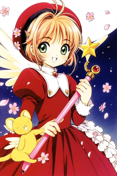 kero, kinomoto sakura, 1girl, dress, long sleeves, hat, green eyes, brown hair, open mouth, 1990s (style), smile, petals, holding, pink headwear, retro artstyle, antenna hair, :d, short hair, pink dress, cherry blossoms, wand, looking at viewer, puffy sleeves, star (symbol), bangs, magical girl, white background, frills, holding wand, wings, fuuin no tsue, solo focus, creature, juliet sleeves, <lora:Card Captor Sakura_v2:0.8>