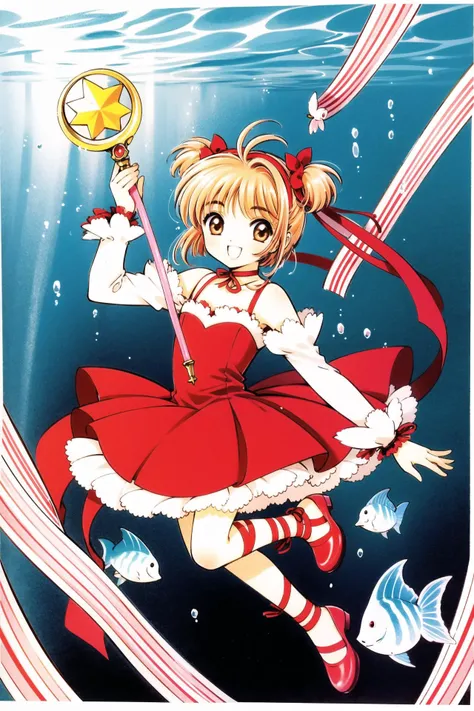1girl, kinomoto sakura, ribbon, smile, red ribbon, full body, leotard, brown hair, holding, fish, solo, looking at viewer, wand, short hair, retro artstyle, 1990s (style), antenna hair, open mouth, hairband, choker, traditional media, long sleeves, holding wand, :d, bangs, leg ribbon, dress, magical girl, underwater, detached sleeves, brown eyes, ribbon choker, bare shoulders, water, star (symbol), <lora:Card Captor Sakura_v2:0.8>