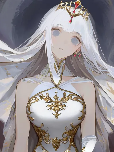 1girl, head, face, portrait, eyes, long hair, upper body, solo, outdoors, white silk halter dress, goddess. princess, tiara, absurdres, masterpiece, best quality, by mon