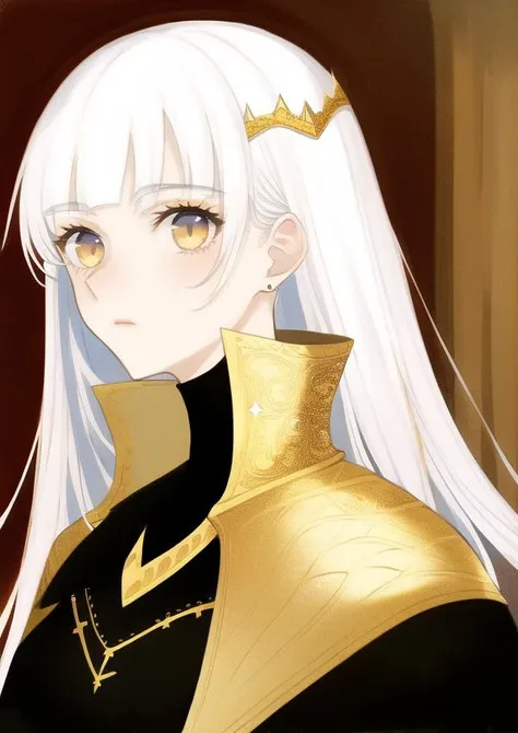 long hair, white hair, golden eyes,  1girl, head, face, portrait, princess, absurdres, masterpiece, best quality, by mon, long dress, gown, cape, castle background, intricate, elegant